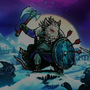 Um rato em um estilo viking com um machado e um escudo coberto por flechas, cercado por inimigos em um local com muita nece